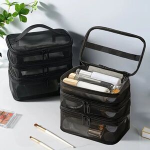 Chic Large Black Nylon Foldable Lightweight 3-Layer Mesh Cosmetic Bag